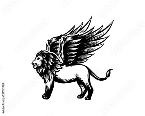 Fototapeta Naklejka Na Ścianę i Meble -  Vector Hand Drawn Animal King of the Jungle Lion with Wings Sign Symbol Icon Logo Template Design Inspiration