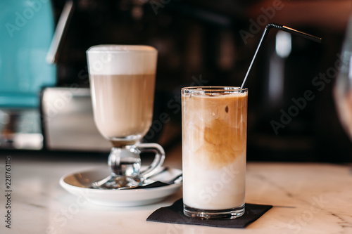 Hot and iced coffee latte in restaurant and cafe