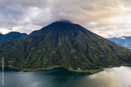 Aerial of San Pedro volcano on Lake Atitlan in Guatemala