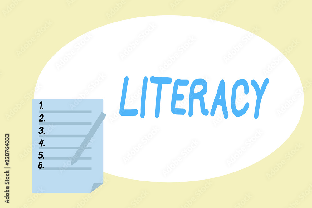 Handwriting text writing Literacy. Concept meaning ability to read and write competence or knowledge in specified area. Handwriting text writing Literacy. Concept meaning ability to read and write competence or knowledge in specified area.