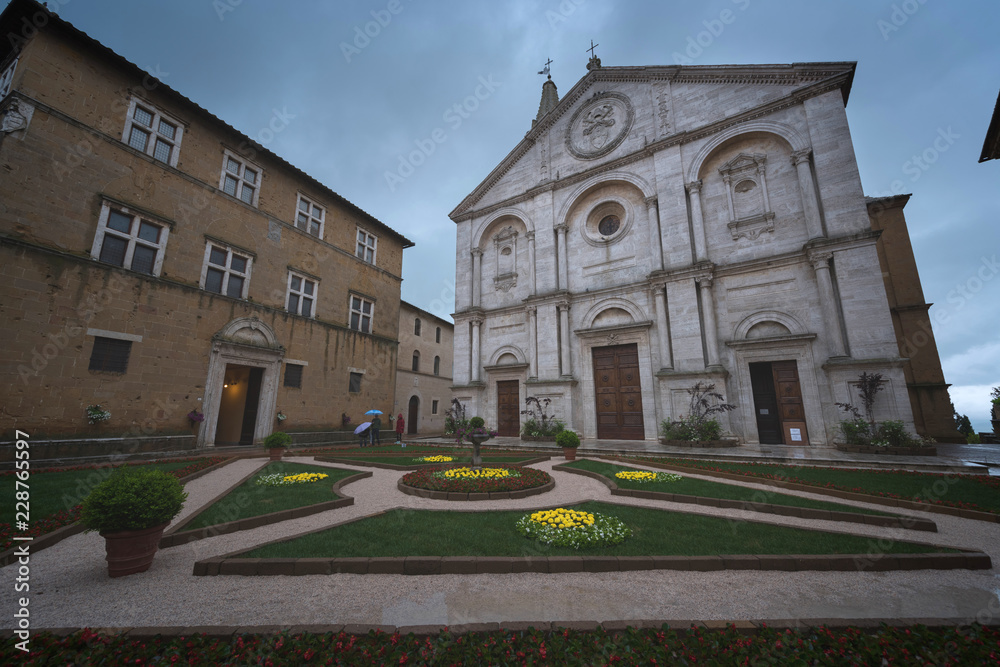 Pienza square of the cathedral Tuscany, Italy.