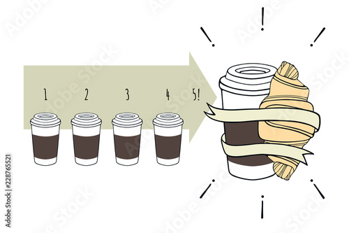 Take away coffee cups and a croissant with a ribbon. The concept of a free cup and a croissant as a gift. Vector illustration.