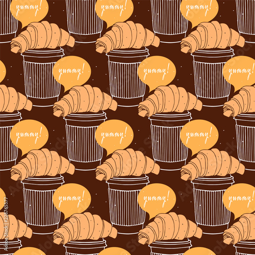 Coffee to go with a croissant and speech bubble. Take out, take away fast food. Seamless pattern with street food. Hand drawn vector Illustration.