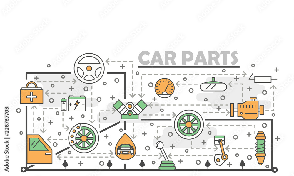Vector thin line art car parts poster banner template