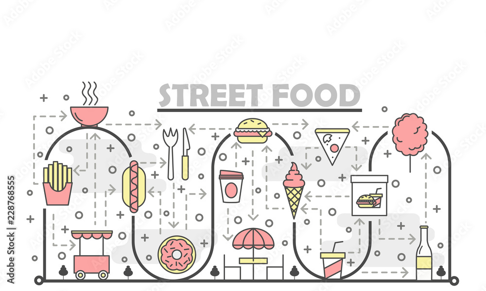 Vector thin line art street food poster banner template