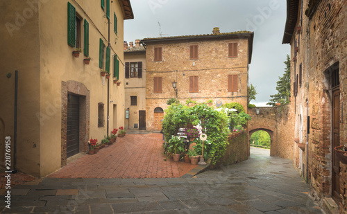 Fototapeta Naklejka Na Ścianę i Meble -  Flowery streets on a rainy spring day in a small magical village Pienza, Tuscany