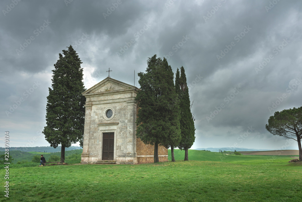 Chapel of Vitaleta (Cappella della Madonna di Vitaleta), Siena, Tuscany, Italy. Dramatic landscape