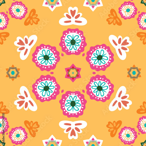 Colorful Mexican seamless vector folk art pattern in orange, pink, turquoise, white, Great for fiestas, birthday invitations and decorations. For home decor, textiles, gift wrapping paper and prints.