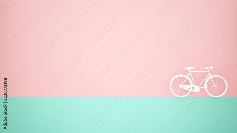Fototapeta premium White bicycle on green floor and pink wall background - 3D Illustration