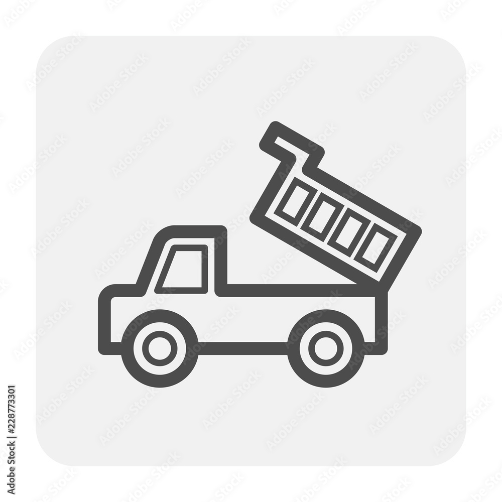 Dump truck vector icon. May called tipper truck, dumper trailer or tip lorry. Heavy machine equipment or vehicle for construction to load, unload, carrier, transport and delivery sand, rock and gravel Dump truck vector icon. May called tipper truck, dumper trailer or tip lorry. Heavy machine equipment or vehicle for construction to load, unload, carrier, transport and delivery sand, rock and gravel