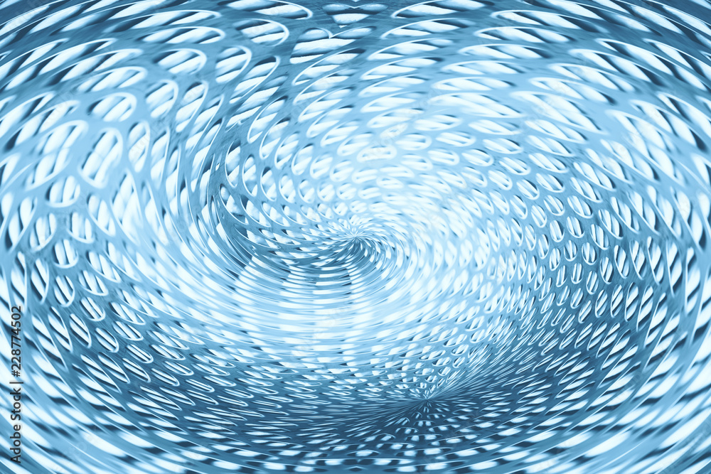 Spherical warp of space. Fantastic background image of wormhole of blue color in center of shot.
