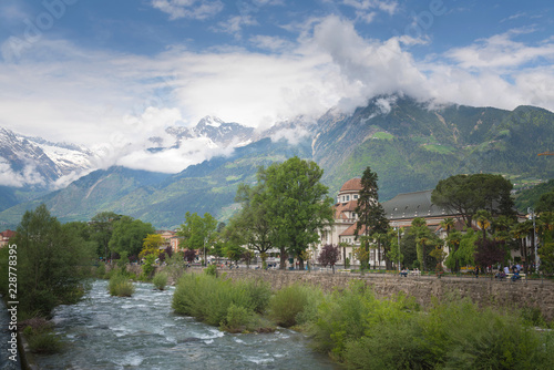 Merano, a beautiful town in the Alpine mountains of South Tyrol. A view of the city and the river.