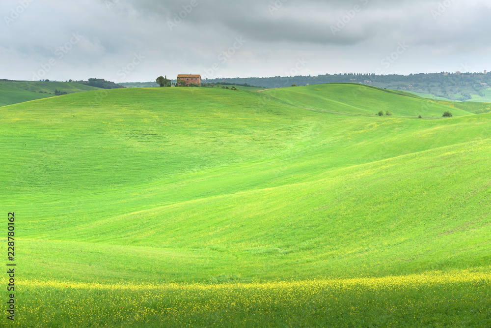 Idyllic scenery of a farmhouse in green grassy fields with rolling hills on a cloudy spring day in Tuscany, Italy