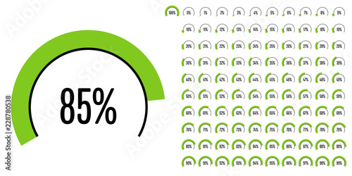 Set of circular sector percentage diagrams (meters) from 0 to 100 ready-to-use for web design, user interface (UI) or infographic - indicator with green