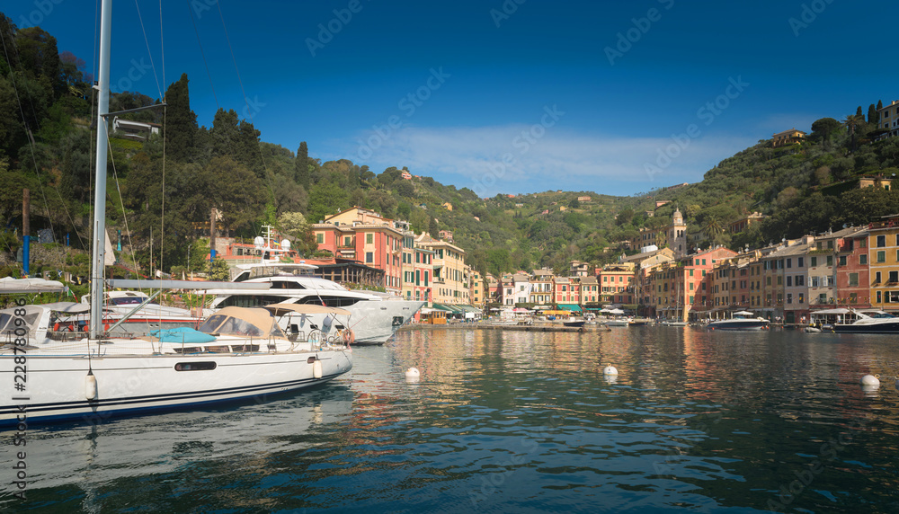 Beautiful sea coast with colorful houses in Portofino, Italy. Summer landscape