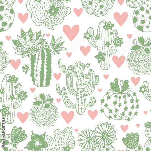 Cute blooming cactuses. Hand drawn seamless pattern, perfect for fabric, wallpaper.