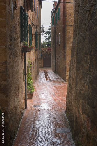 Fototapeta Naklejka Na Ścianę i Meble -  Flowery streets on a rainy spring day in a small magical village Pienza, Tuscany.