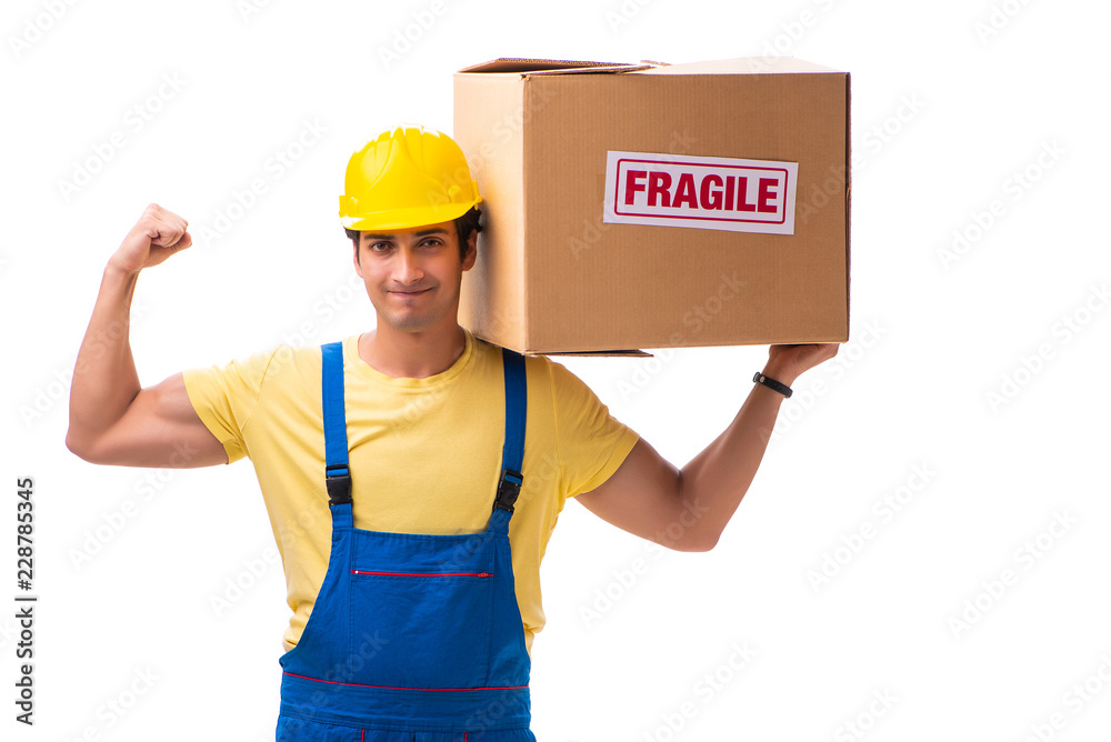 Young contractor with fragile boxes isolated on white Young contractor with fragile boxes isolated on white