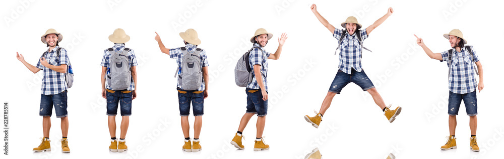 Young traveler with rucksack isolated on white Young traveler with rucksack isolated on white