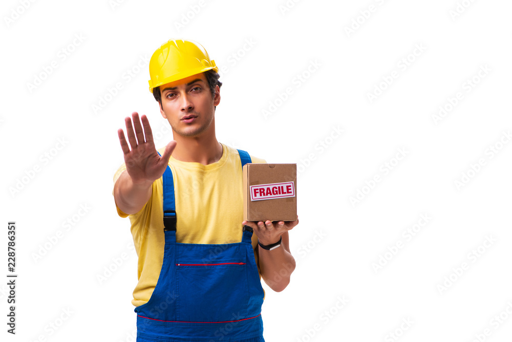 Young contractor with fragile boxes isolated on white Young contractor with fragile boxes isolated on white