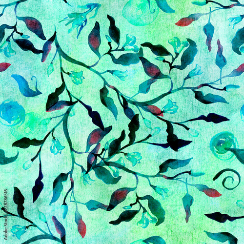 Seamless watercolor background pattern with abstract organic shapes in teal blue and green water, undersea graphic print