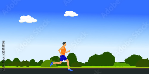 Healthy lifestyle concept illustration vector. Man run jogging in the park under blue sky and greenery landscape