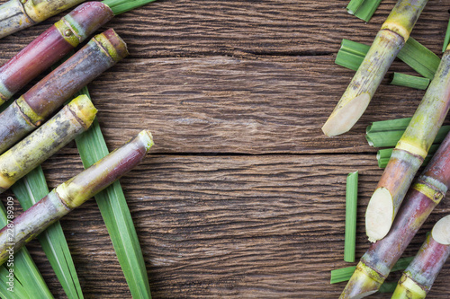 Close up sugarcane on wood background close up