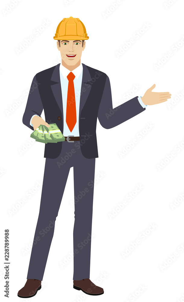 Welcome! Businessman in construction helmet with money showing something beside of him Welcome! Businessman in construction helmet with money showing something beside of him
