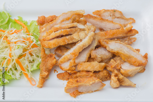 Close up of Fried Streaky Pork with vegetable (Thai food)