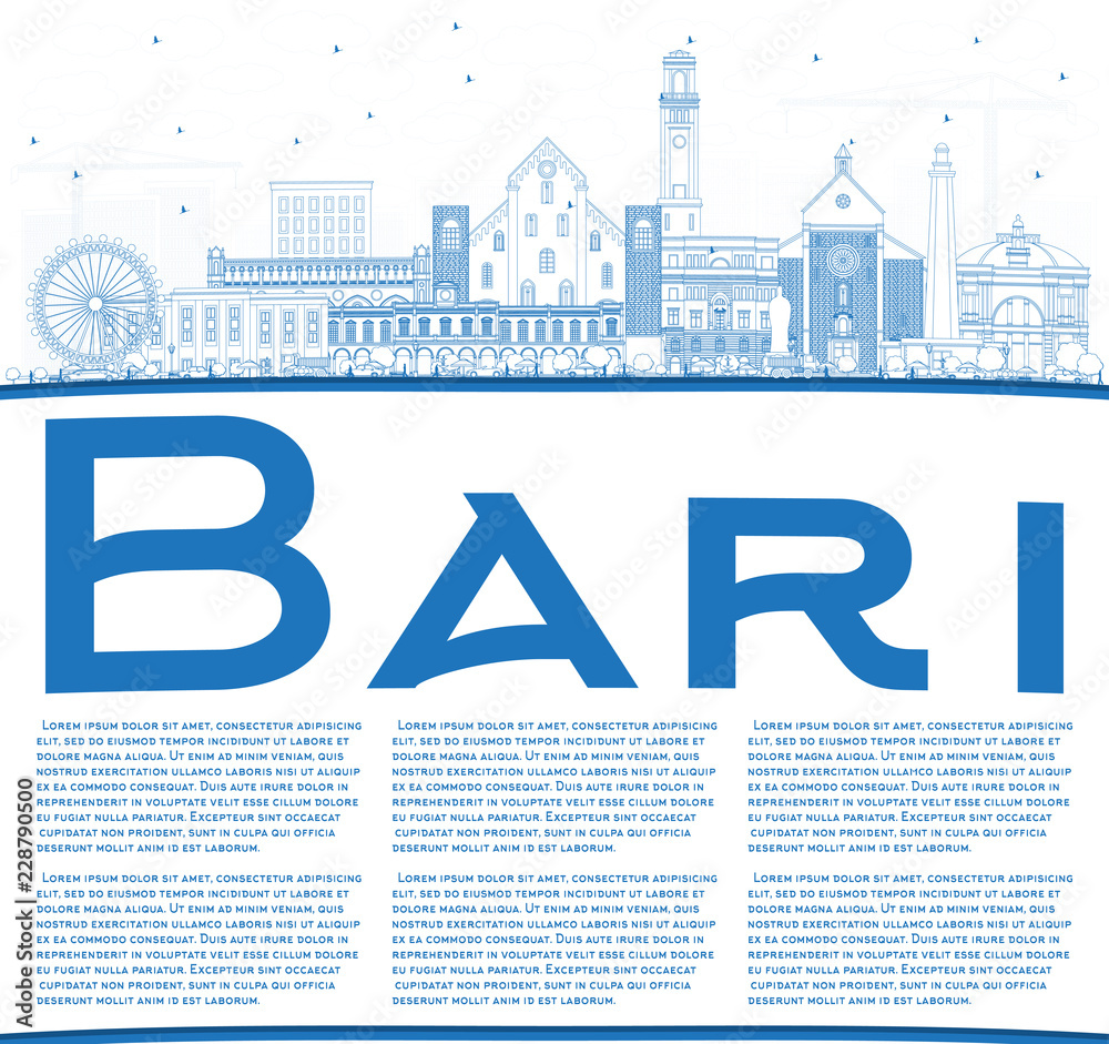 Outline Bari Italy City Skyline with Blue Buildings and Copy Space.