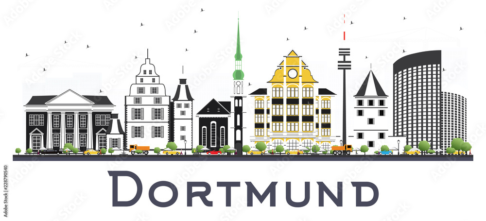 Dortmund Germany City Skyline with Color Buildings Isolated on White.