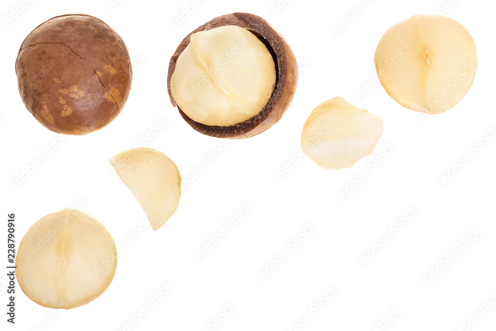 Shelled and unshelled macadamia nuts isolated on white background with copy space for your text. Top view. Flat lay pattern Shelled and unshelled macadamia nuts isolated on white background with copy space for your text. Top view. Flat lay pattern