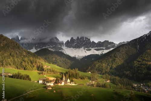 Famous best alpine place of the world  Santa Maddalena village with magical Dolomites mountains in background  Val di Funes valley  Trentino Alto Adige region  Italy  Europe