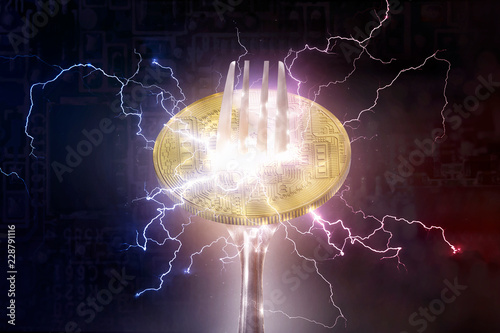 Bitcoin or altcoin digital cryptocurrency hard fork change concept.