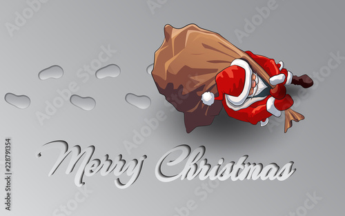 Santa Claus with a bag of gifts, goes leaving footprints in the snow among  the Christmas trees in paper style. Top view