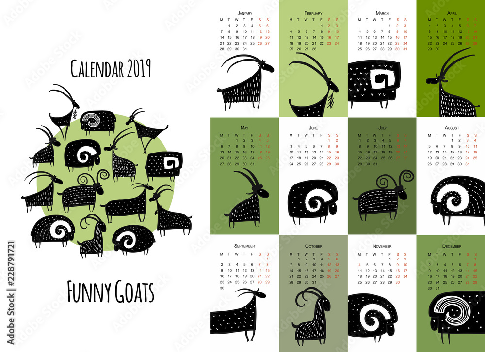 Fototapeta premium Funny goats, calendar 2019 design
