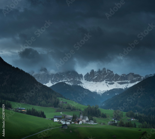 Santa Maddalena village in front of the Geisler or Odle Dolomites Group, Val di Funes, Italy, Europe. © Konstantin Maslak
