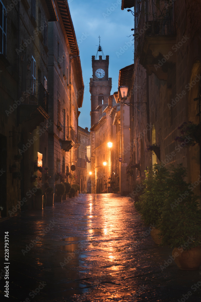 Beautiful street of tuscan Pienza town at night