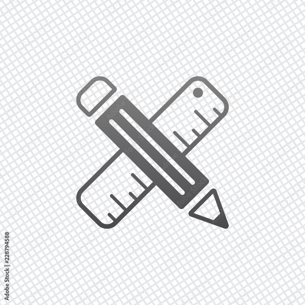 simple symbol of ruler and pencil, criss-cross. On grid backgrou simple symbol of ruler and pencil, criss-cross. On grid backgrou