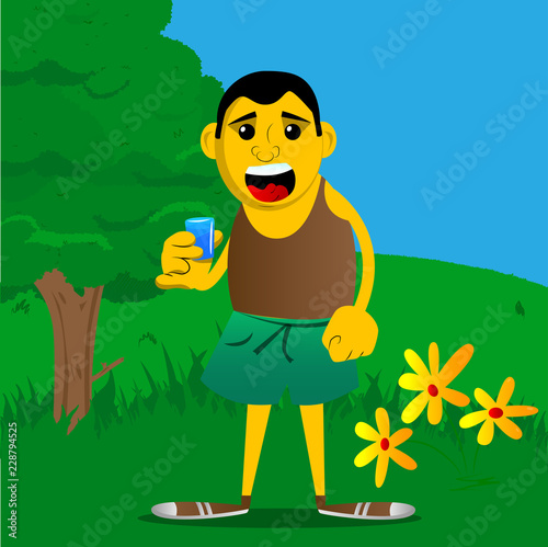 Yellow man drinking brandy. Vector cartoon illustration.
