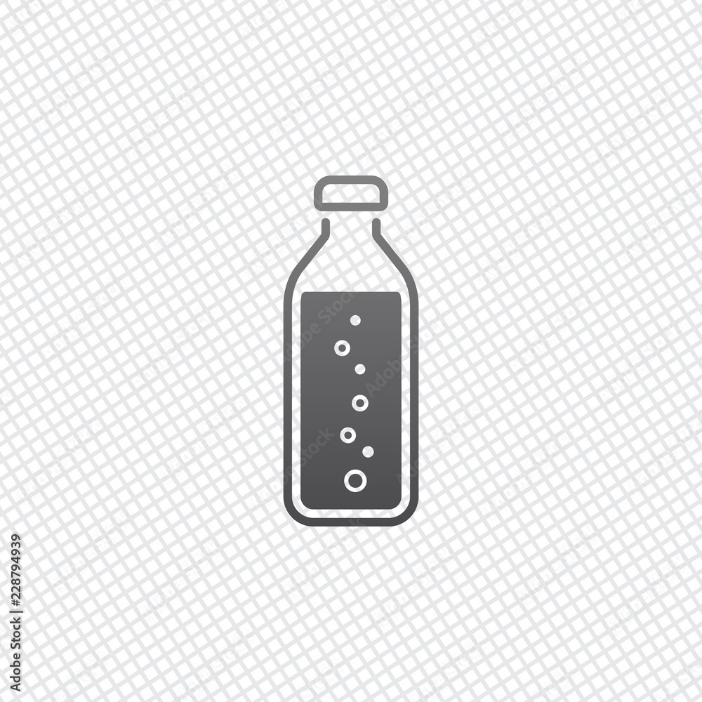 bottle of water with bubbles, simple icon. On grid background