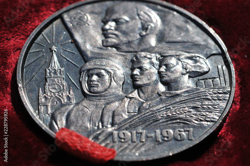 Silver soviet medal 1917-1967 in a red velvet box