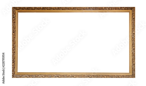 Golden empty frame isolated on white background. Copy space
