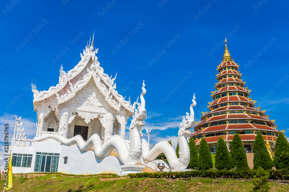 Landscape of Wat Huay Pla Kung temple with white temple travel destination the famous place religious attractions of Chiang Rai province, Northern of Thailand.