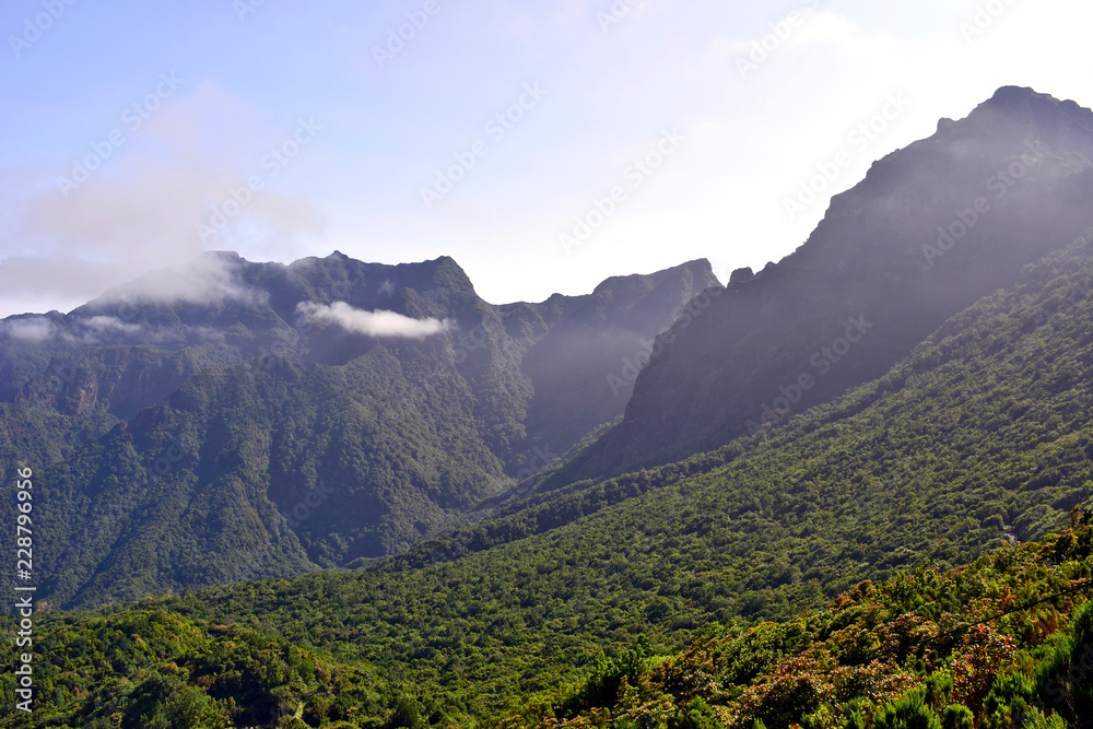 Mountain landscape of Madeira Island, view the pass Boca da Encumeada.