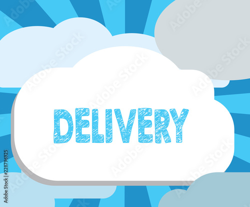 Writing note showing Delivery. Business photo showcasing action of delivering letters parcels or goods Giving birth. photo