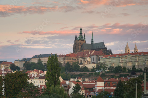 View of colorful old town and Prague castle with river Vltava, Czech Republic