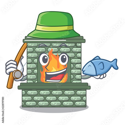 Fishing cartoon stone fireplace with the flame
