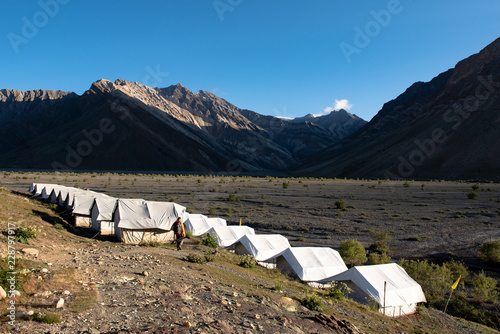  Beautiful landscape with set up camp, tent in Rangdum, Zanskar Range, Pensi La, Jammu and Kashmir, India. photo