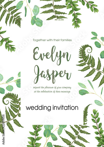 Wedding invite invitation card vector floral greenery design. Fern, eucalyptus, boxwood, botanical green, decorative square